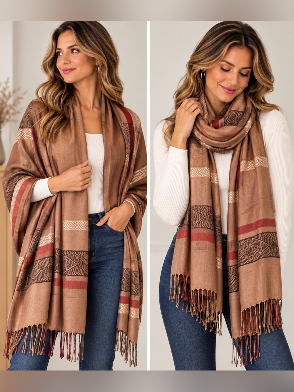 Geometric Scarf in Brown & Red